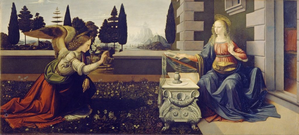 Annunciation by Leonardo davinci and Andrea del Verrocchio famous paintings from the Renaissance 